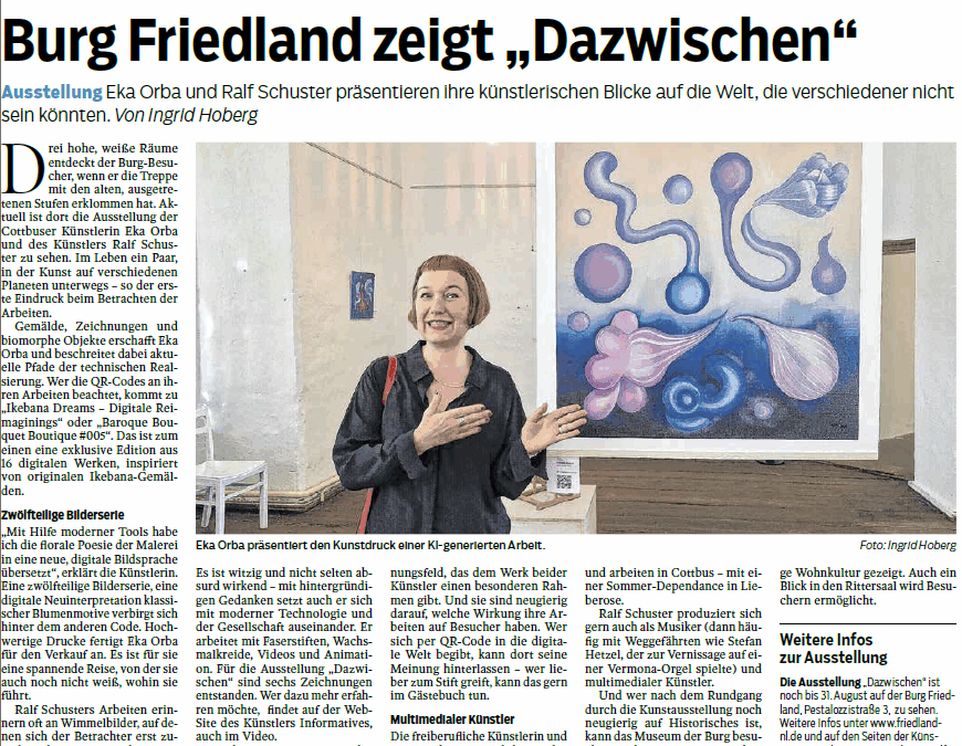 Artikel in der MOZ Zeitung vom 14. Juli 2025 über die Ausstellung von Eka Orba und Ralf Schuster im Burg Friedland von Ingrid Hoberg