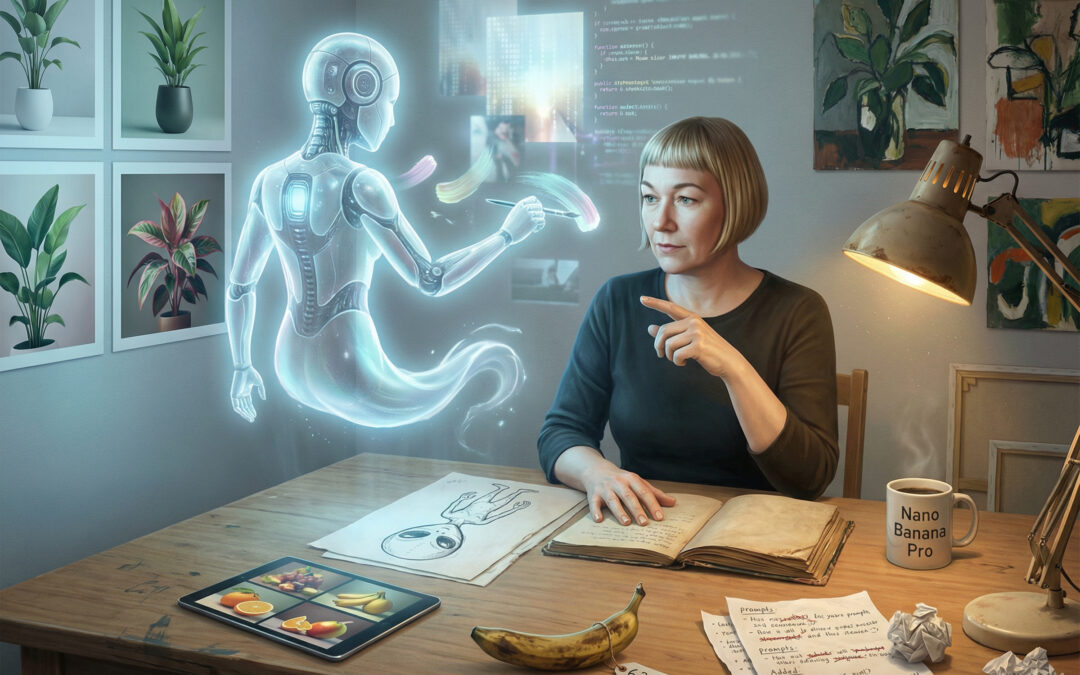 Eine surreale Atelierszene, in der eine Künstlerin an einem großen Arbeitstisch sitzt. Vor ihr schwebt eine leuchtende, transluzente holographische Form, die ihre eigenen Pinselstriche in die Luft malt. Die Künstlerin schaut konzentriert; sie ist im Dialog mit dieser Präsenz. Auf dem Tisch liegen durcheinander: eine handgezeichnete Alien-Skizze, ein Tablet mit KI-generierten Obst-Bildern, eine vertrocknete Banane mit einem kleinen Preisschild "6,2 Mio", zerknitterte Prompt-Notizen voller Streichungen und Ergänzungen, und ein Kaffeebecher mit der Aufschrift "Nano Banana Pro". An den Wänden hängen zwei Arten von Bildern von Pflanzen, die Gefühle symbolisieren: Links perfekte, glatte, harmonische KI-Bilder, die alle irgendwie gleich aussehen – schön, perfekt, Instagram-ready. Rechts rauere, kantigere, "fehlerhafte" Bilder mit echter emotionaler Intensität – asymmetrisch, verstörend, lebendig. Das Licht im Raum ist zweigeteilt: Von links kommt ein kühles, perfektes digitales Glow. Von rechts das warme, unregelmäßige Licht einer alten Schreibtischlampe.