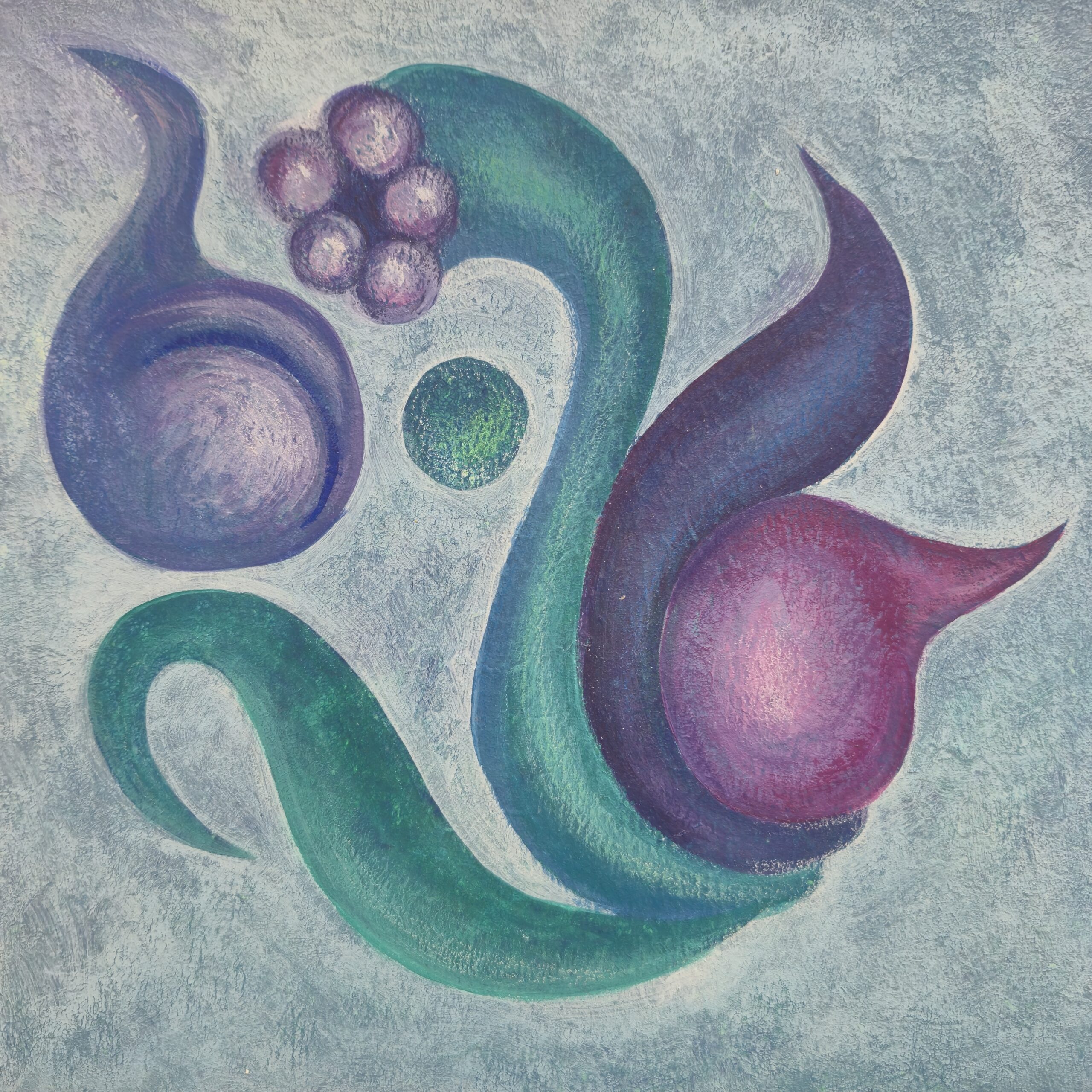Abstrakte biomorphe Formen in Türkis und Violett, organische Strömungen mit kugelartigen Elementen auf hellem Hintergrund, gemalt von Eka Orba