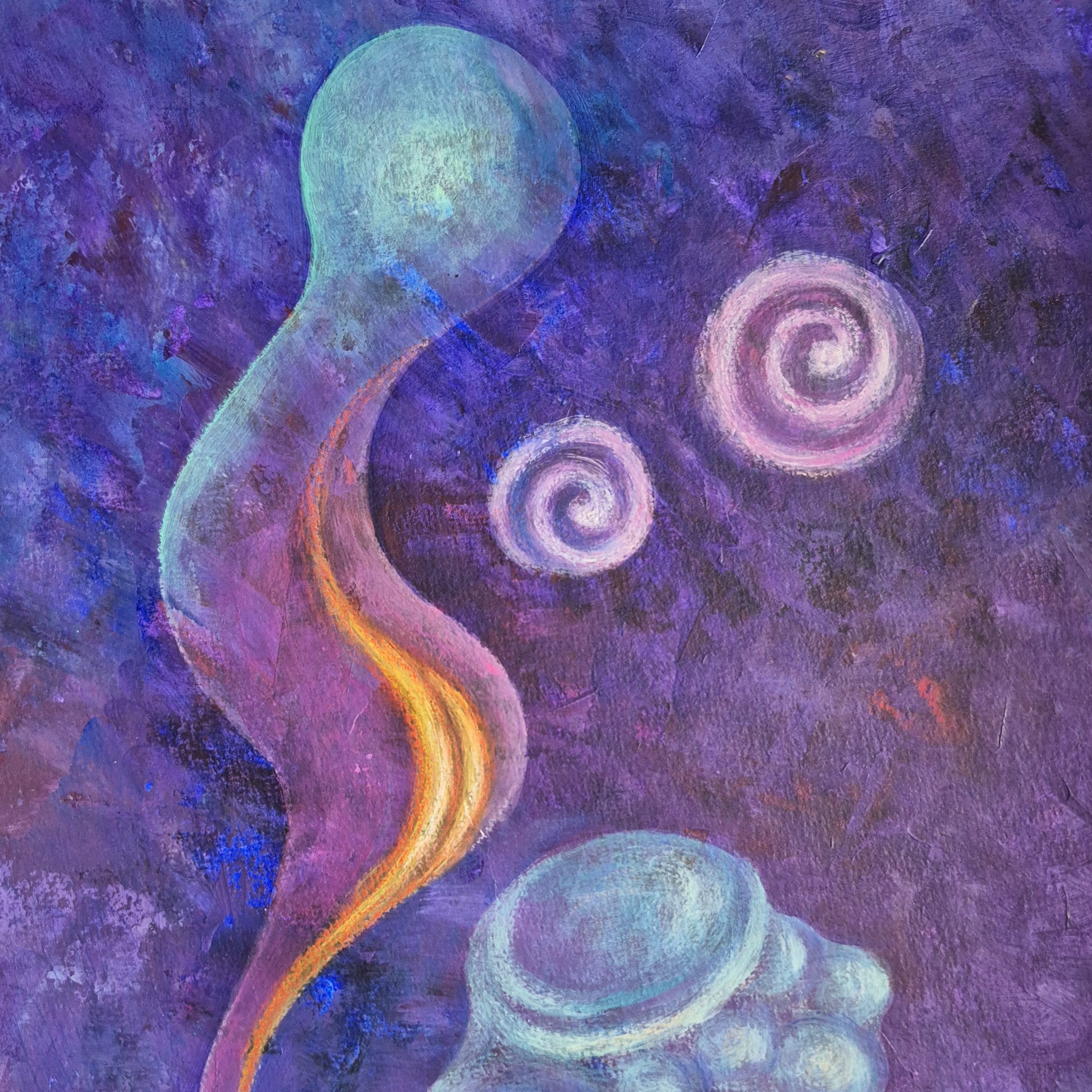 Abstraktes Gemälde in Violett-, Rosa- und Türkistönen mit schwebenden biomorphen Formen, Spiralen und leuchtender orangefarbener Linie.