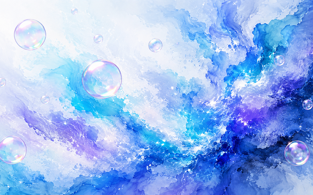 Abstraktes Aquarell in Blau- und Violetttönen mit mehreren schillernden Seifenblasen, die über aufgewühltem Wasser schweben.