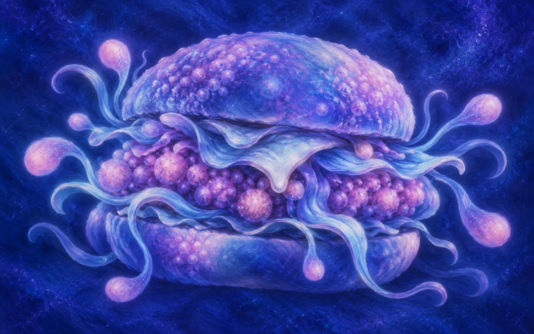 Spaciger Cheeseburger in Blau, Lila und Rosa, mit einer Füllung aus kugeligen Blüten und geschwungenen Tentakeln vor tiefblauem Hintergrund.