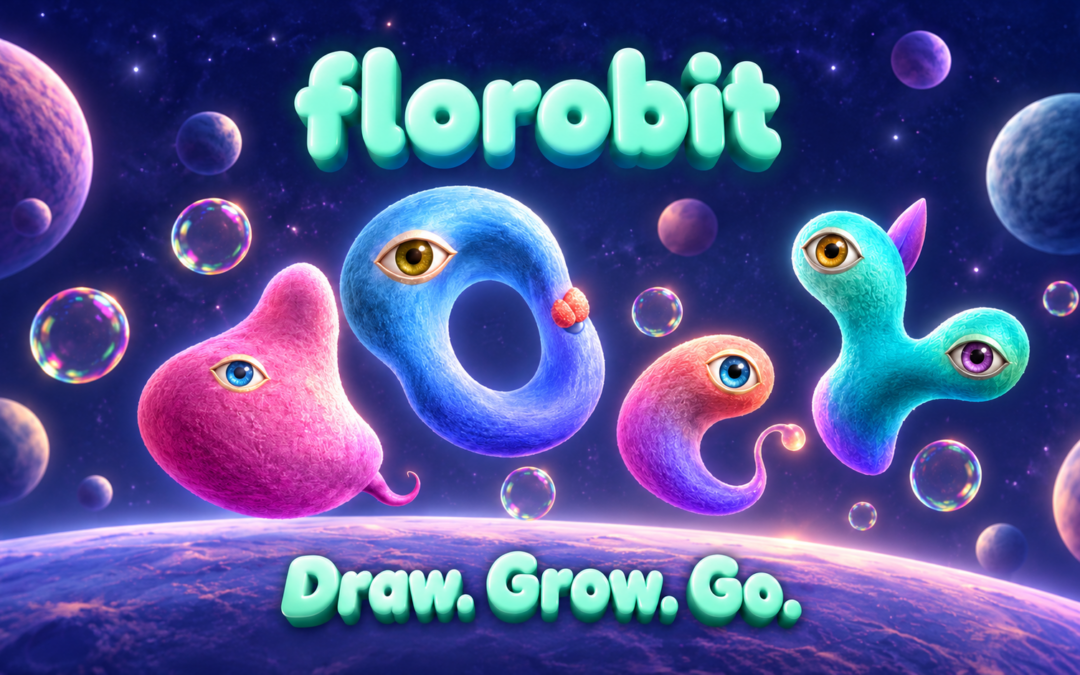Vier farbige Florobit-Wesen mit Augen schweben zwischen Planeten und schillernden Blasen; Schriftzüge „florobit“ und „Draw. Grow. Go.“.